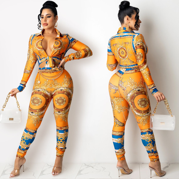 Digital printing V-neck tie long-sleeved trousers two-piece female X5305