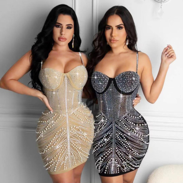 Sexy Wrapped Chest Sling Hot Rhinestone Nightclub Ladies Dress X5074
