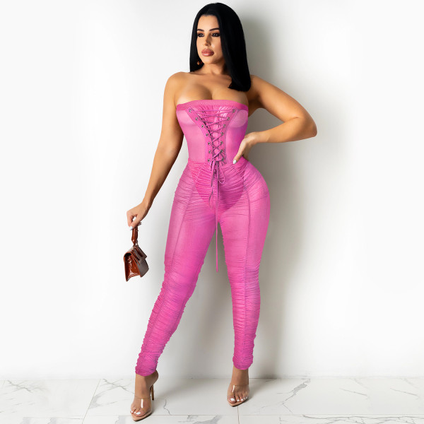 Solid color wrapped chest sexy see-through jumpsuit trousers women's clothing X5183