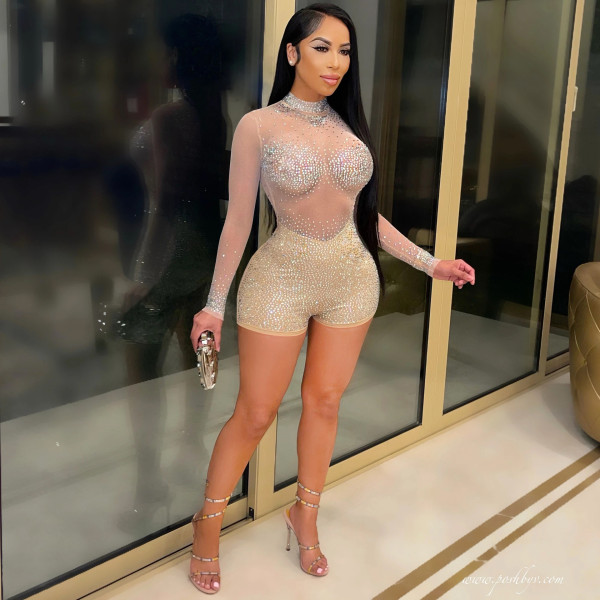 Sexy round neck long-sleeved nightclub party hot diamond perspective jumpsuit X5165