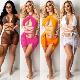 Fashion Sexy Bikini Milk Screen Yarn Solid Color Three-piece Sling Set X5141