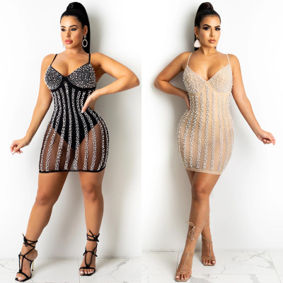 Summer new nightclub style hot rhinestone strap see-through women's dress X5238