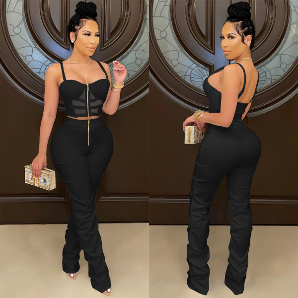 Pure color sexy women's suspenders wrapped chest zipper vest and trousers two-piece suit X5215