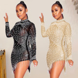 Sexy Nightclub Net Yarn Perspective Hot Rhinestone Bubble Beads Fringe Round Neck Long Sleeve Dress X5216