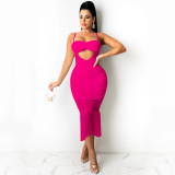 Pure color fashion women's sexy sling strap wrapped chest hollow flow beard mid-skirt dress X5225