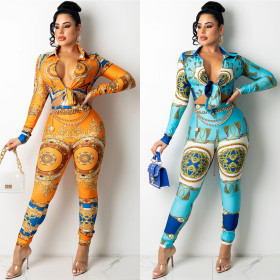Digital printing V-neck tie long-sleeved trousers two-piece female X5305