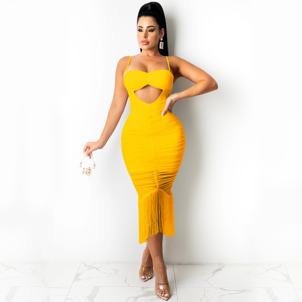 Pure color fashion women's sexy sling strap wrapped chest hollow flow beard mid-skirt dress X5225