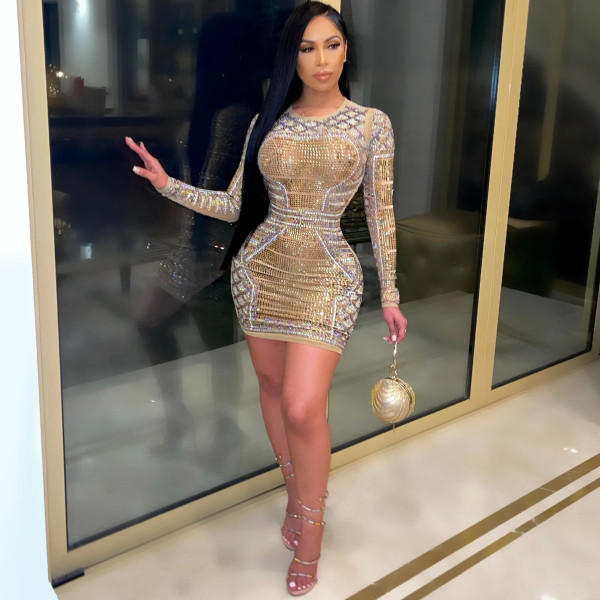 New product sexy nightclub milk silk hot rhinestone color diamond long-sleeved dress X5096