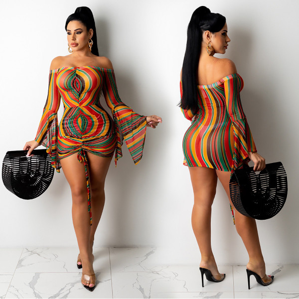 Temperament commuter printing long-sleeved dress nightclub clothes A7191