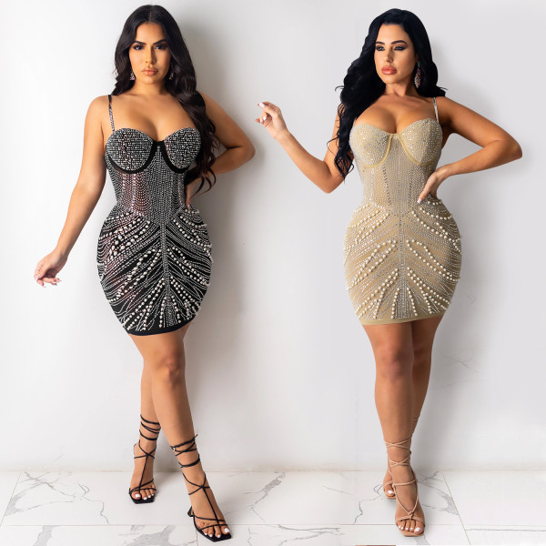 Sexy Wrapped Chest Sling Hot Rhinestone Nightclub Ladies Dress X5074