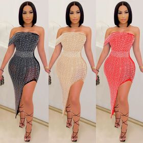 Evening dress with hot rhinestone mesh wrapped chest irregular women's dress X5046