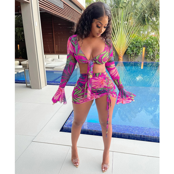 Fashion digital printing V-neck tie long-sleeved drawstring short skirt two-piece female C5146