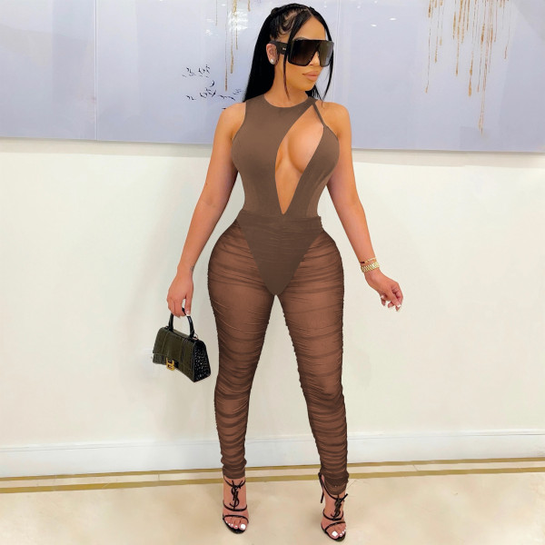 Fashion new sexy nightclub solid color sleeveless mesh see-through jumpsuit trousers women's clothing C5223
