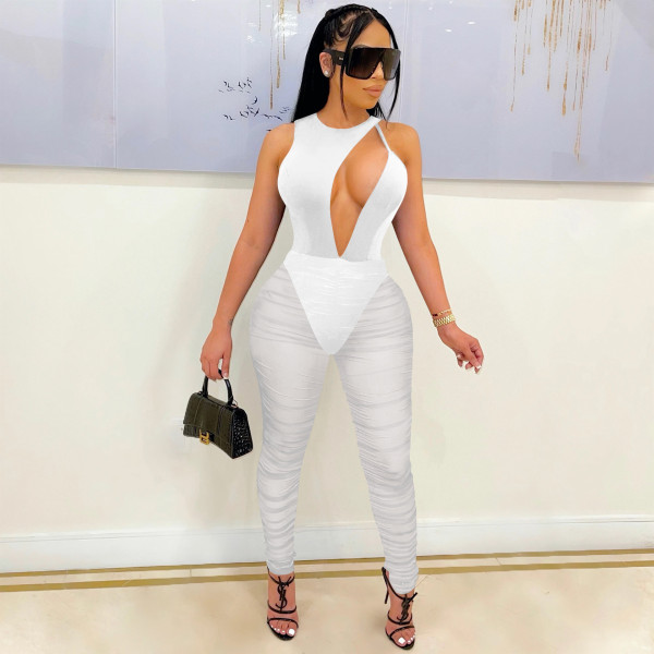 Fashion new sexy nightclub solid color sleeveless mesh see-through jumpsuit trousers women's clothing C5223