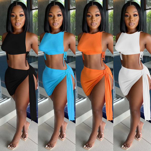 Fashion solid color casual women's lace-up sleeveless two-piece skirt C5237