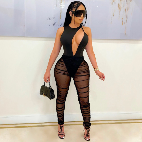 Fashion new sexy nightclub solid color sleeveless mesh see-through jumpsuit trousers women's clothing C5223