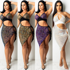 Fashion sequins sexy suspenders hollow slit strap dress women C5309