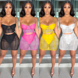 Fashion new product sexy sling pure color milk silk mesh see-through bag hip skirt two-piece female C5176