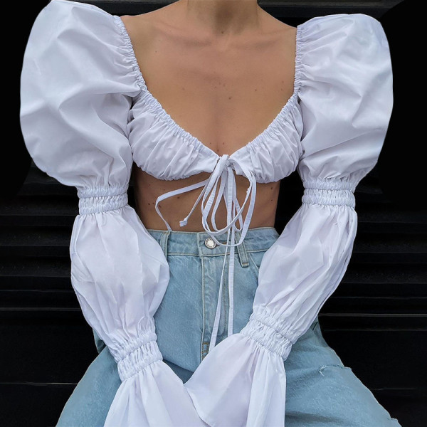 The new autumn fashion sexy slim-fit blouse with wide cuffs and puff sleeves with wide cuffs QY21372PF