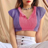Sleeveless French Country Style Polo Collar Sexy Fashion Wool Knit Short Top C21054
