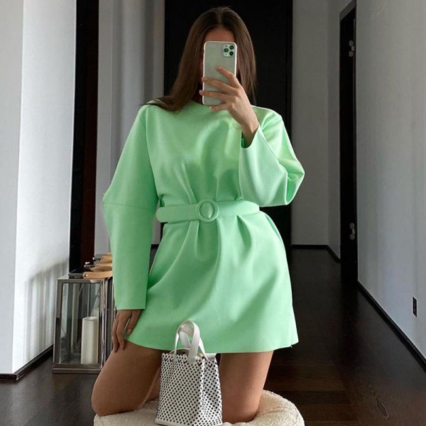 Fall/Winter INS Women's Loose Skirt Temperament Commuter Scheming Design Belt Round Neck Long Sleeve Dress SY21289