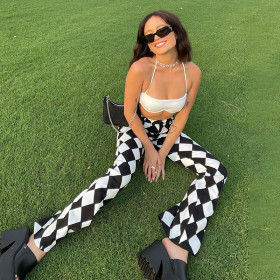 Women's 2021 autumn new checkerboard print casual hip-lifting micro-flared trousers QY21412