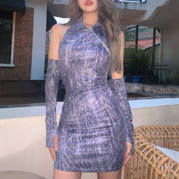 2021 Fall/Winter Explosive Zipper Polo Collar Independent Sleeve Camouflage Dress D186162H