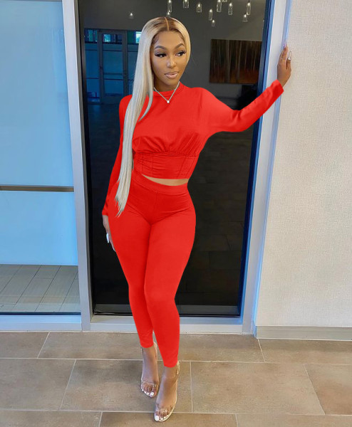 Women's solid color sports waist waist suit fashion casual two-piece suit H0119