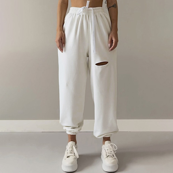 Street hot girl wind hole sweatpants women loose and thin elastic casual pants high-waist straight-leg pants QY21454