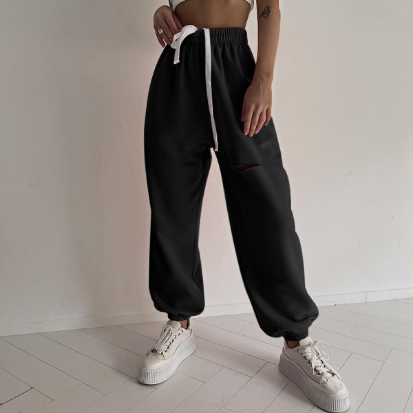 Street hot girl wind hole sweatpants women loose and thin elastic casual pants high-waist straight-leg pants QY21454