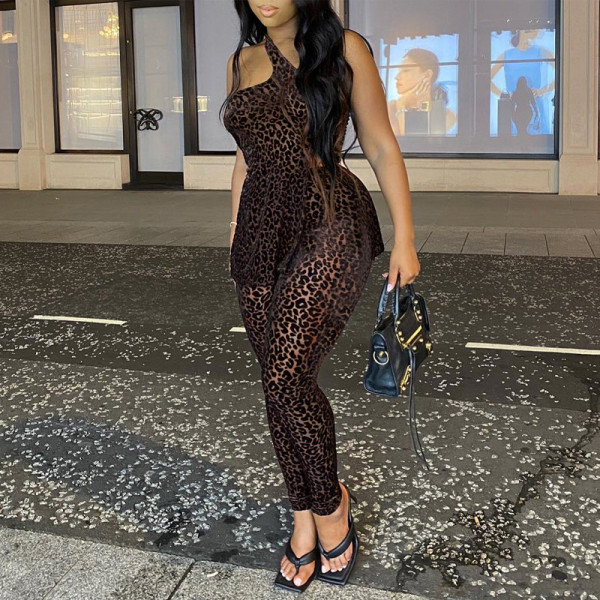 2021 autumn and winter hot product new women's one-shoulder sling leopard print jumpsuit P175903X
