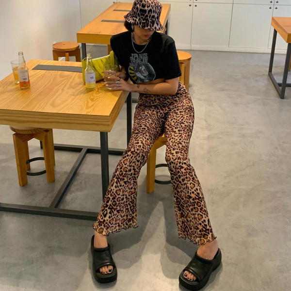 Autumn Women's New Style Casual Pants High Waist Casual Loose Fashion Leopard Print Micro Lap Wide Leg Pants LS21376