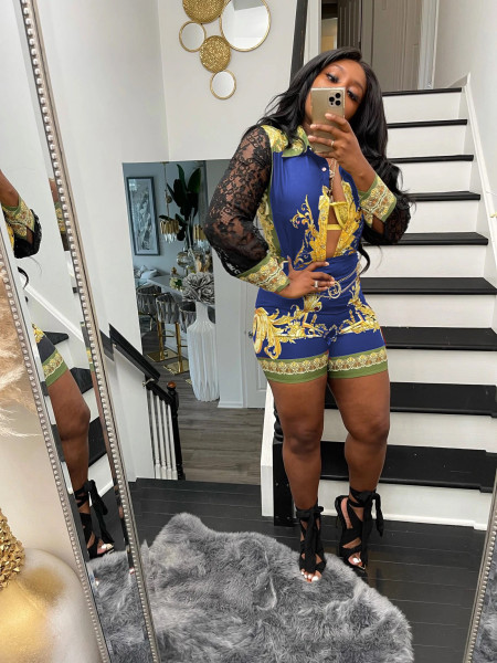 Women's urban fashion printing lace stitching long-sleeved shorts suit L0360