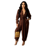 Explosive style solid color lace-up long-sleeved cool women's jumpsuit F119