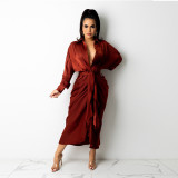 Hollow solid color explosion style pleated fashion women's dress F088