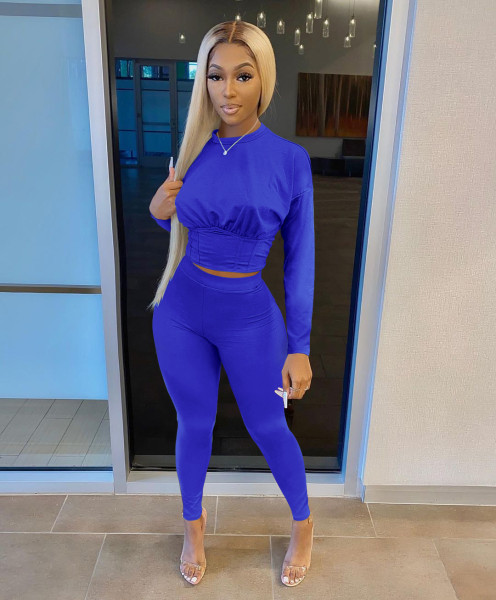 Women's solid color sports waist waist suit fashion casual two-piece suit H0119