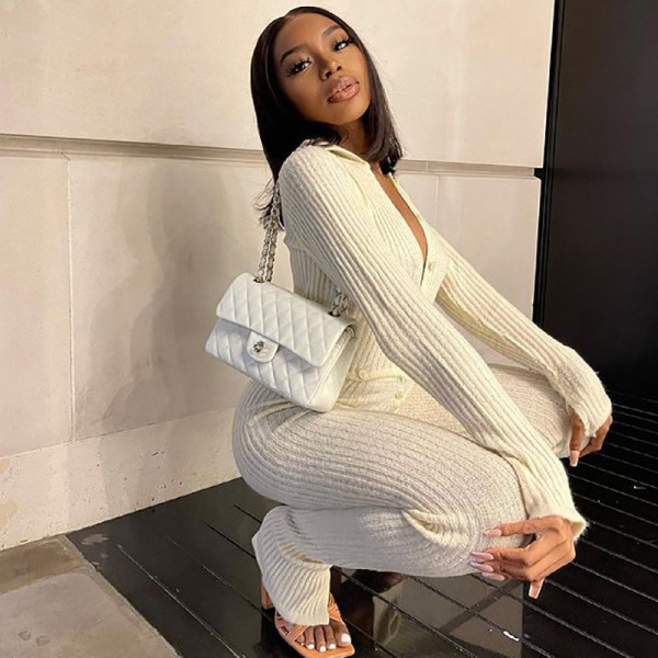2021 autumn and winter hot product new women's solid color threaded cardigan jumpsuit P186241