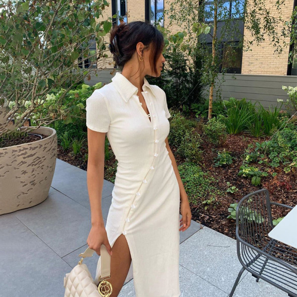 2021 autumn and winter hot products new women's new shirt collar button beveled side slit dress D072663X