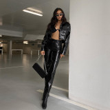2021 Fall/Winter Explosive New Women's Solid Color PU Cardigan Lapel Jacket C186166X