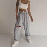 Street hot girl wind hole sweatpants women loose and thin elastic casual pants high-waist straight-leg pants QY21454