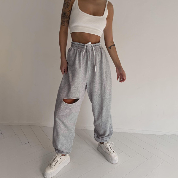 Street hot girl wind hole sweatpants women loose and thin elastic casual pants high-waist straight-leg pants QY21454