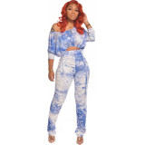 Casual tie-dye printing autumn two-piece suit FZB3176