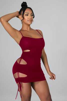 Temperament Women's Fashion Sexy Sling Drawstring Strap Hollow Dress H0127
