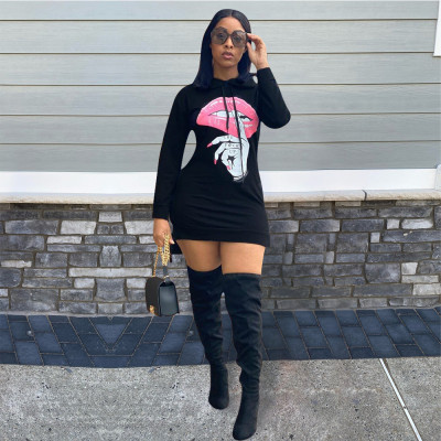 New red lip printing women's sweater mid-length hooded dress QY5083