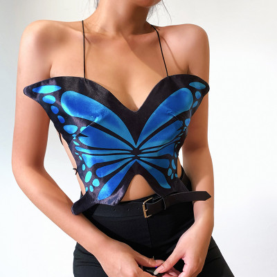 2021 new women's ins sexy halter butterfly print suspender nightclub style top HY21321