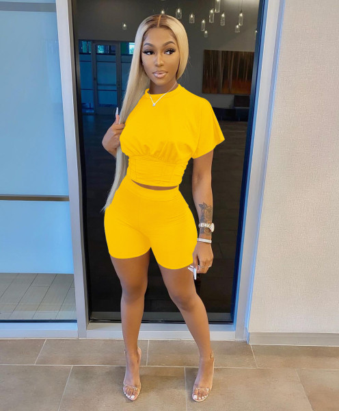 Women's solid color sports waist waist suit fashion casual two-piece suit H0034