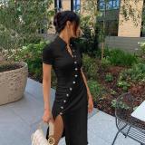 2021 autumn and winter hot products new women's new shirt collar button beveled side slit dress D072663X