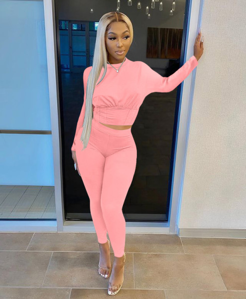 Women's solid color sports waist waist suit fashion casual two-piece suit H0119