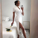2021 autumn and winter hot products new women's new shirt collar button beveled side slit dress D072663X