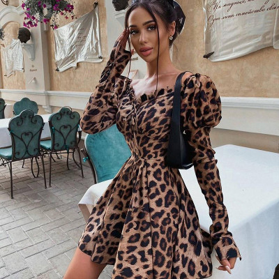 Women's Fall 2021 INS Leopard Print Elegant Sexy Color V-neck Skirt Slim One-piece YJ21076